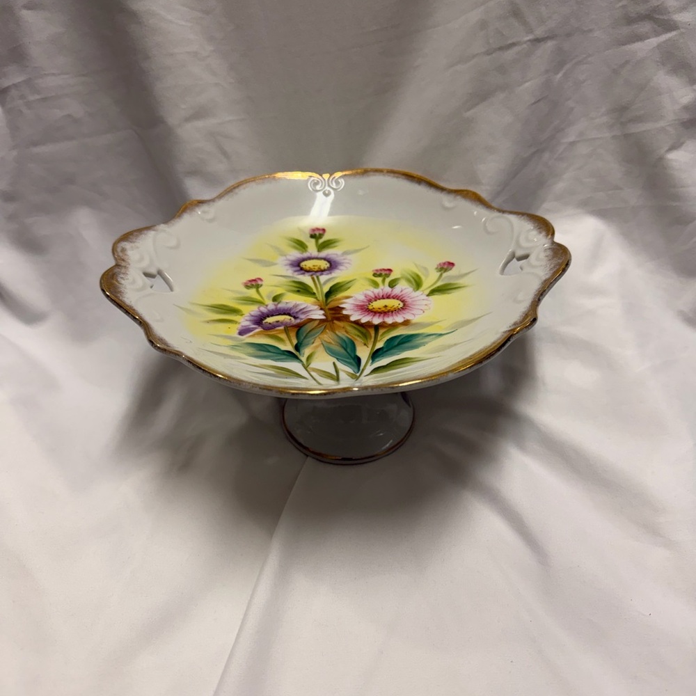 Vintage 50’s floral Pedestal Bowl with Gold Accents